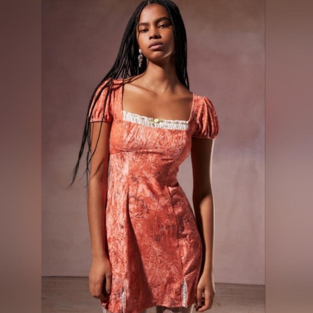 Kimchi Blue Coral Velvet Babydoll Dress with Puff Sleeves